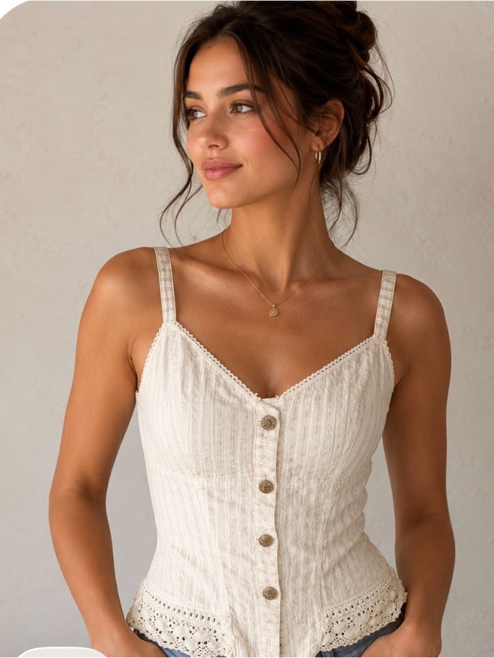 Orna Farho Paris,Cream Button-Front Lace Trim Cami